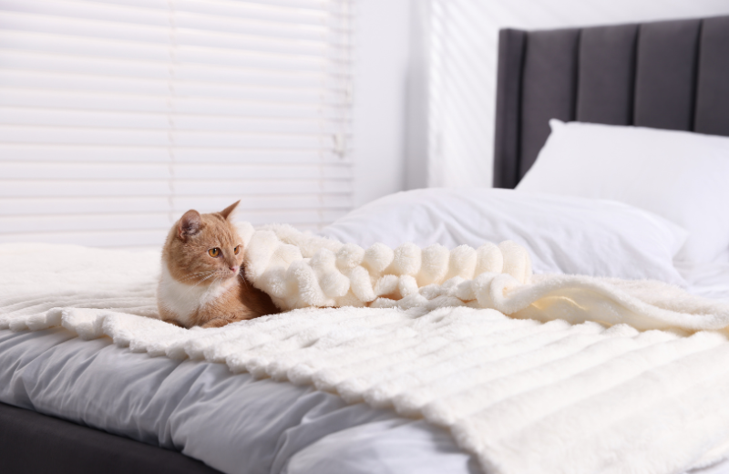 cat sitting in human bed