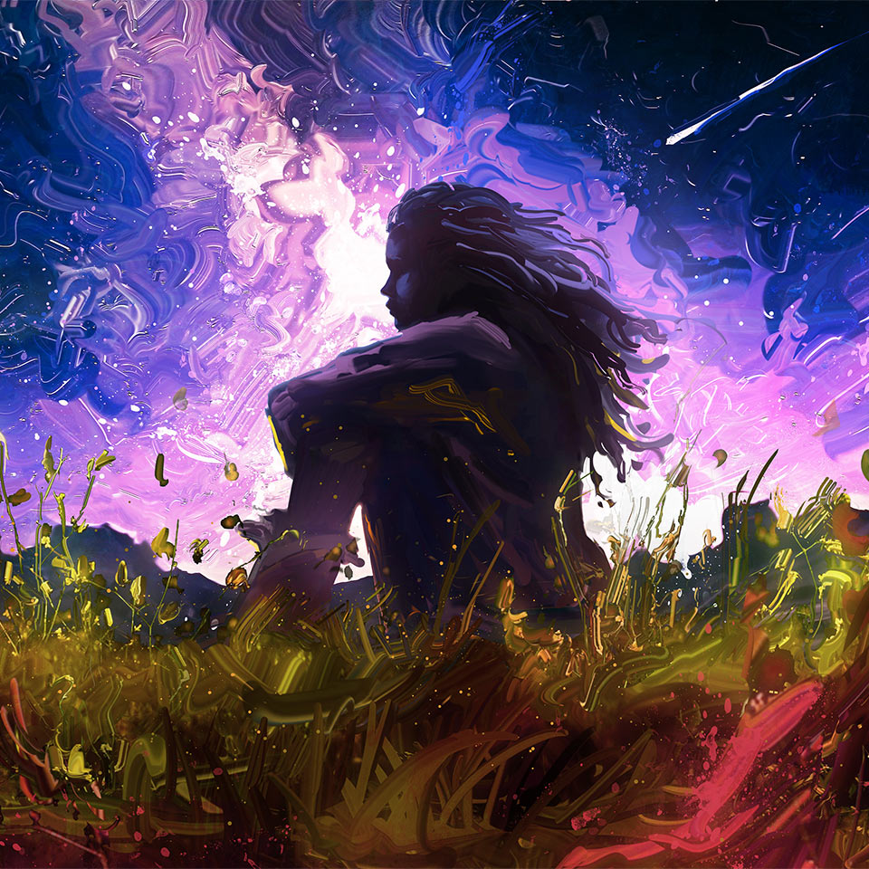 Illustration of a girl sitting in the middle of a large glade of magical flowers looking into infinity.