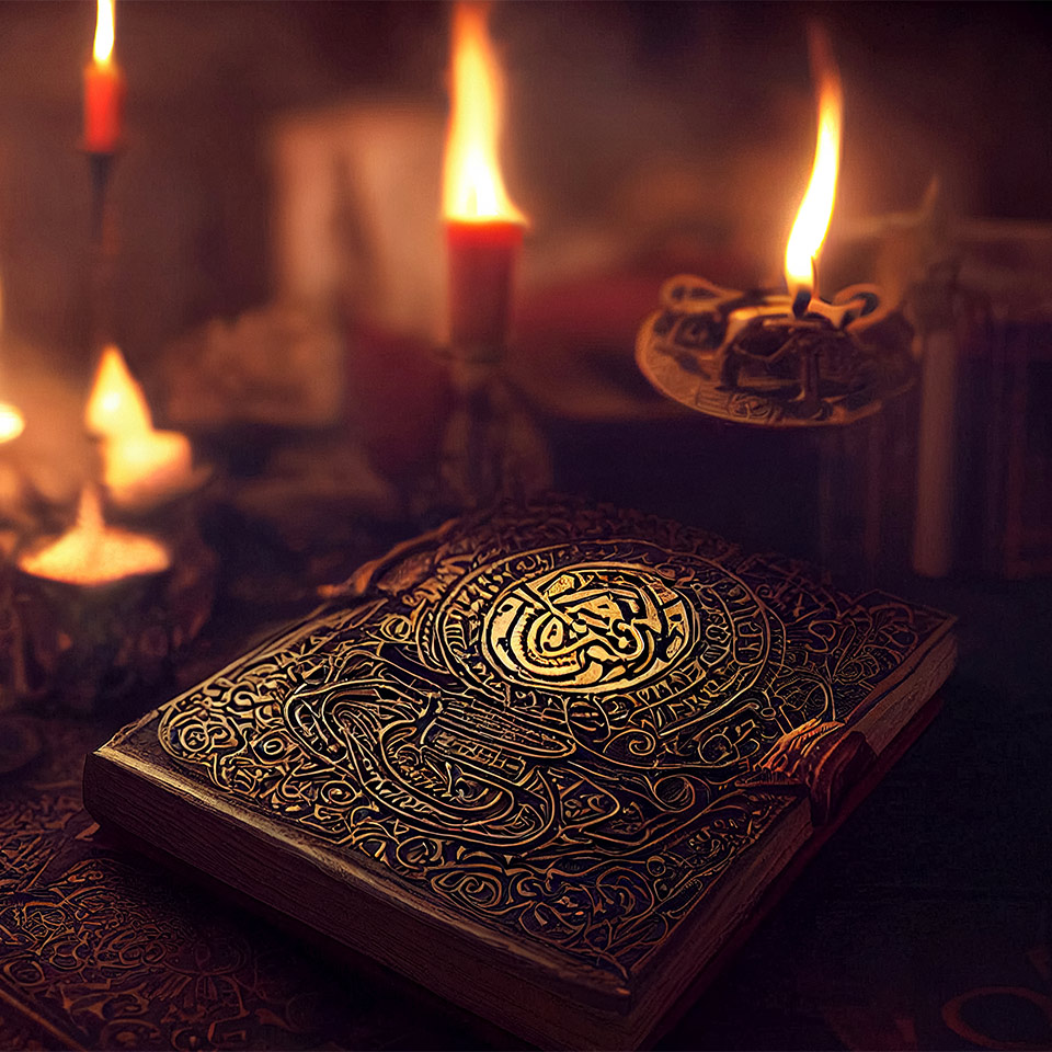 Magic book with sigil symbol on the cover and candles in the background