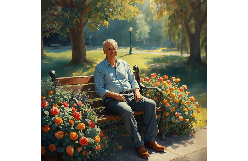 artwork of an elderly man in a park