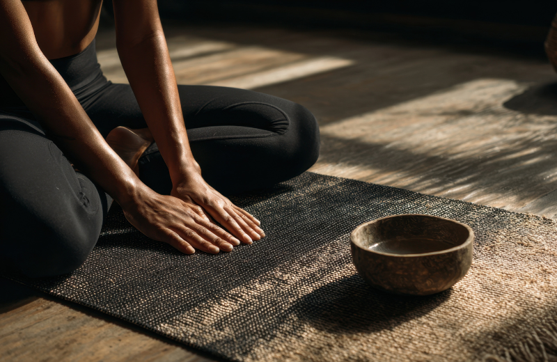 Person meditating with sound bowl