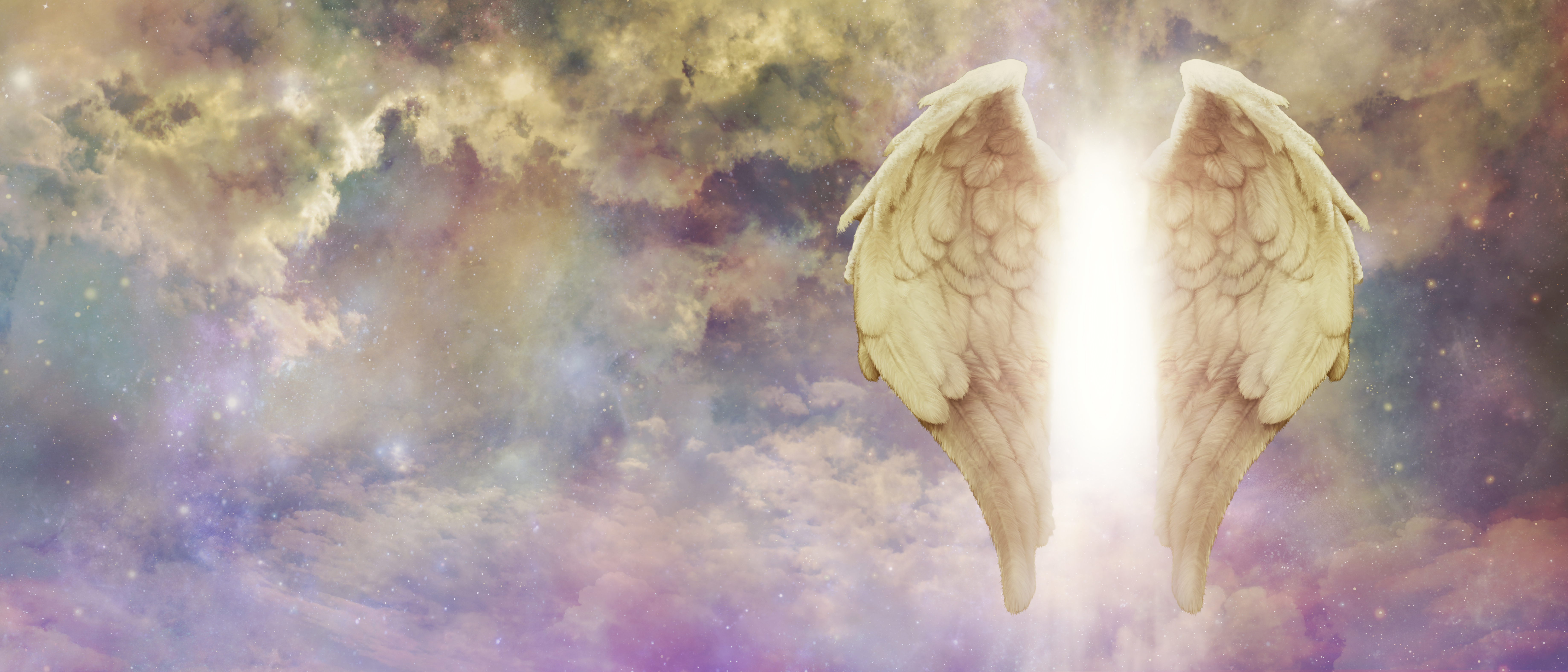 Image of a purple sky with angel wings and a light shining through the wings