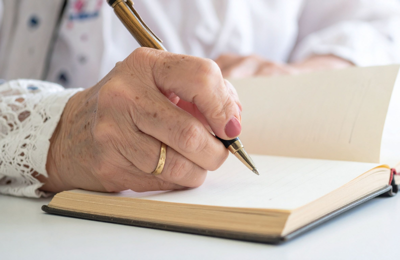 elderly person writing memoir in notebook