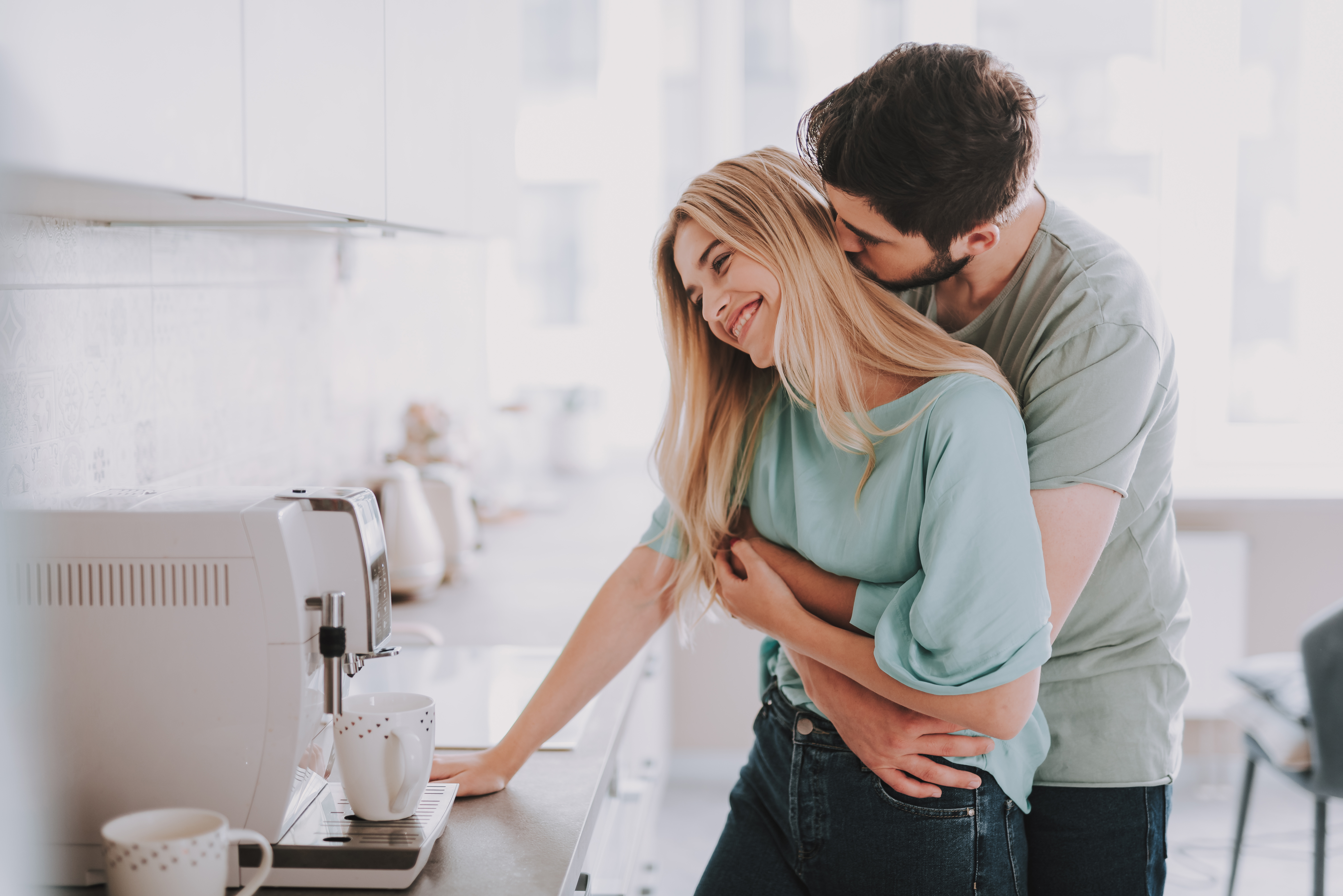 Couple with healthy attachment style embracing