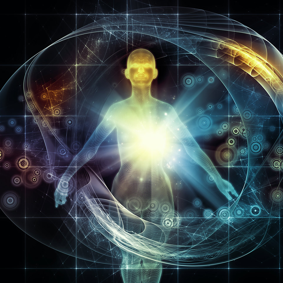 3D rendering of a human figure radiating light and fractal elements