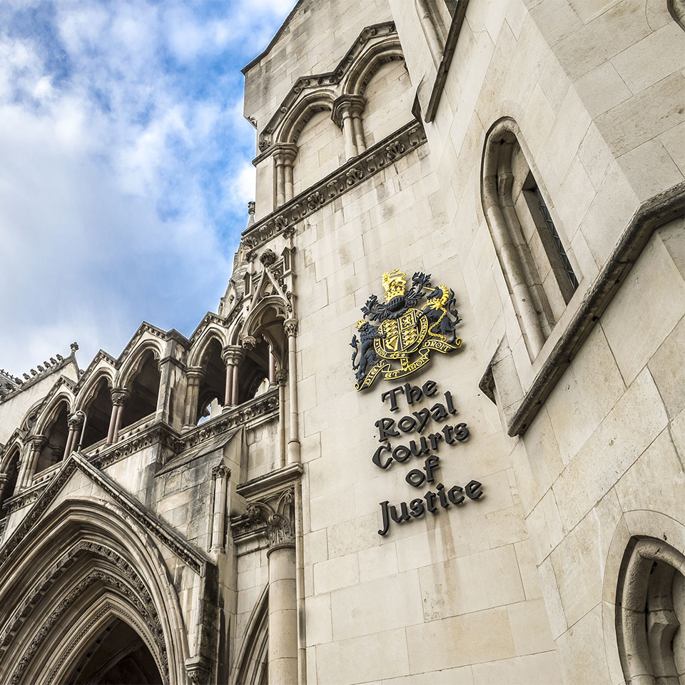 The Victorian Gothic style main entrance to the The Royal Courts of Justice public building in London, UK