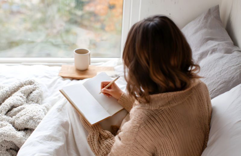 woman writing in journal in bed