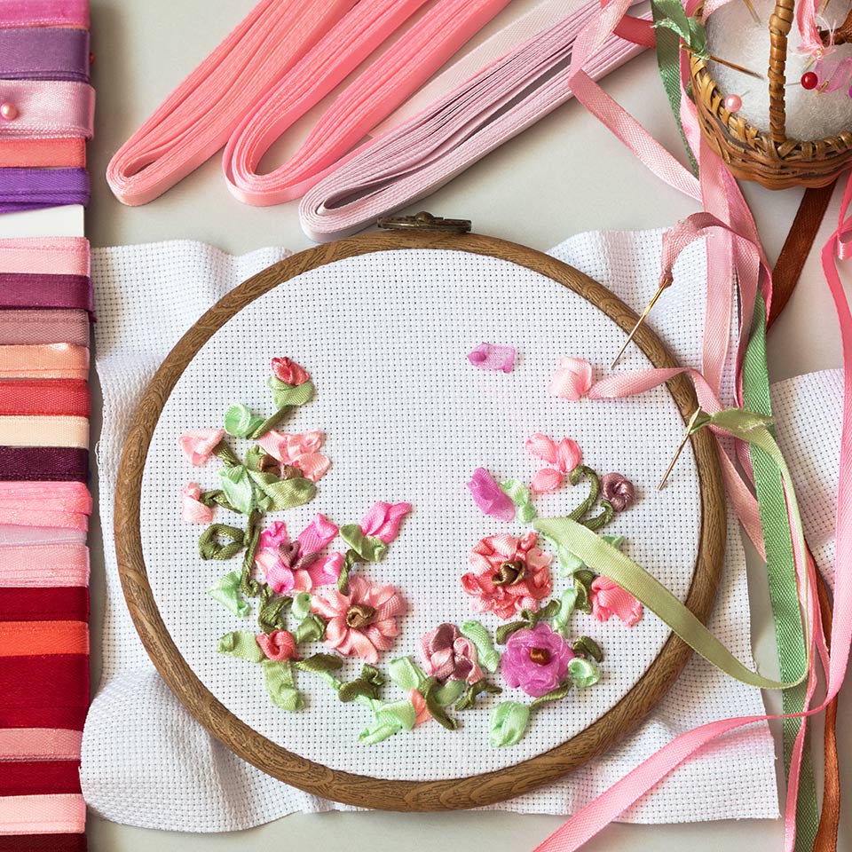 Embroidery materials and equipment laid out on a desk, includes a hoop, ribbons, and needles