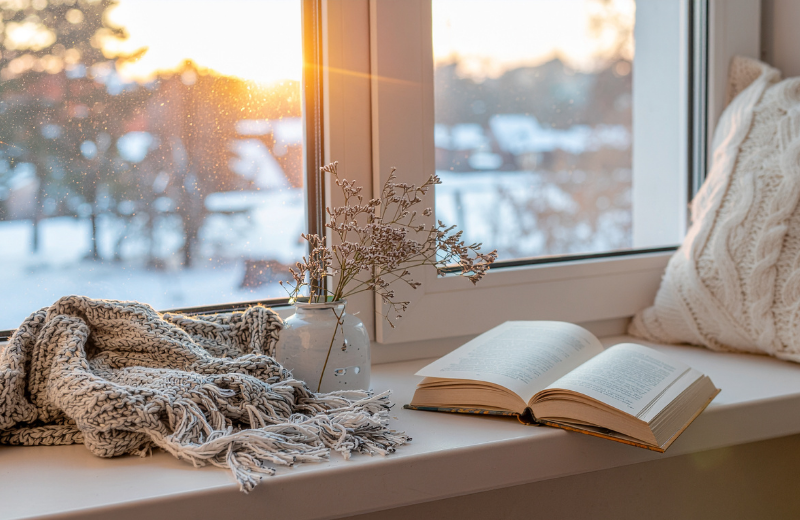 Cosy spot by window with blanket and cushion
