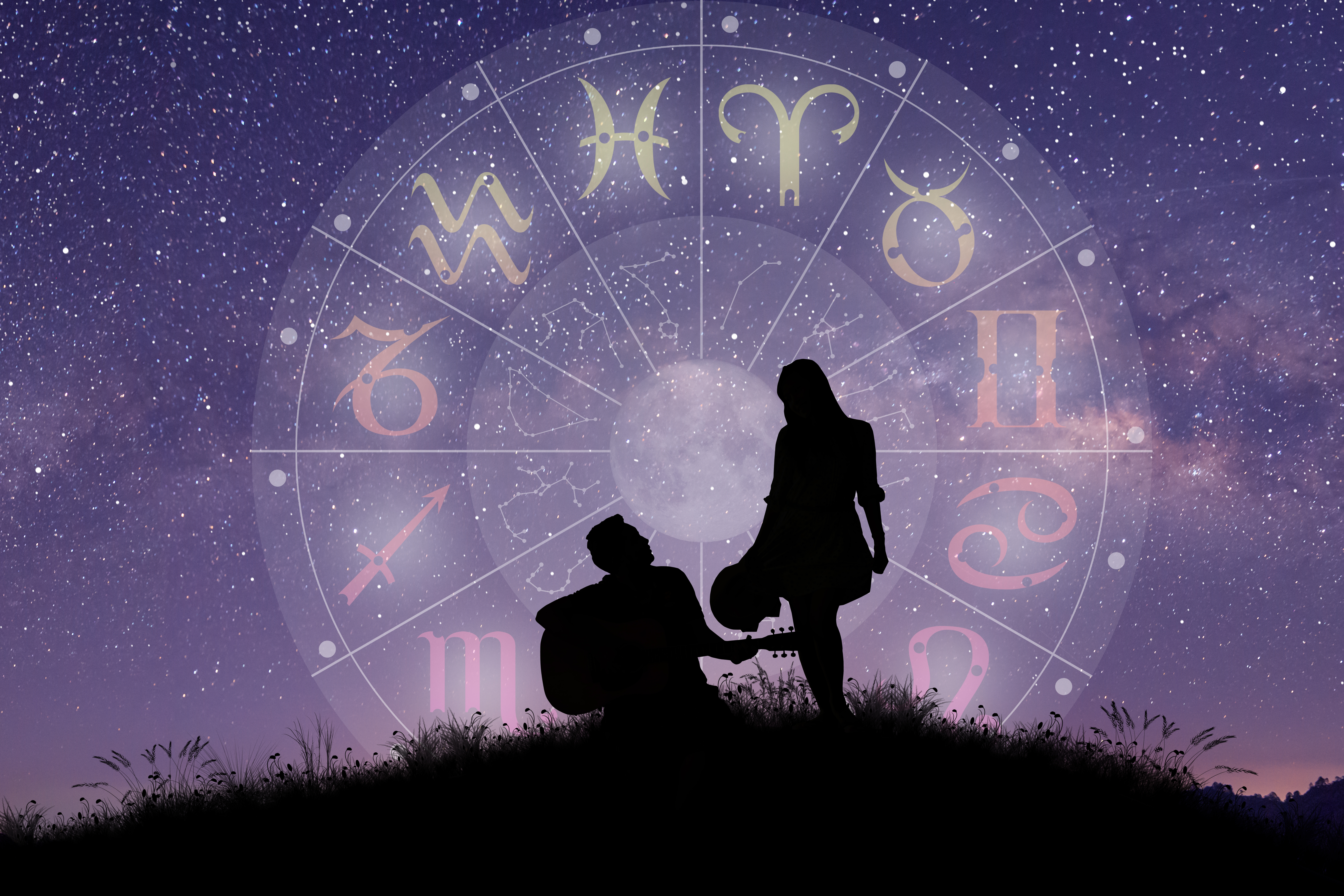 Silhouettes of a couple in front of a night sky and zodiac wheel, one of them is knelt on the floor playing guitar