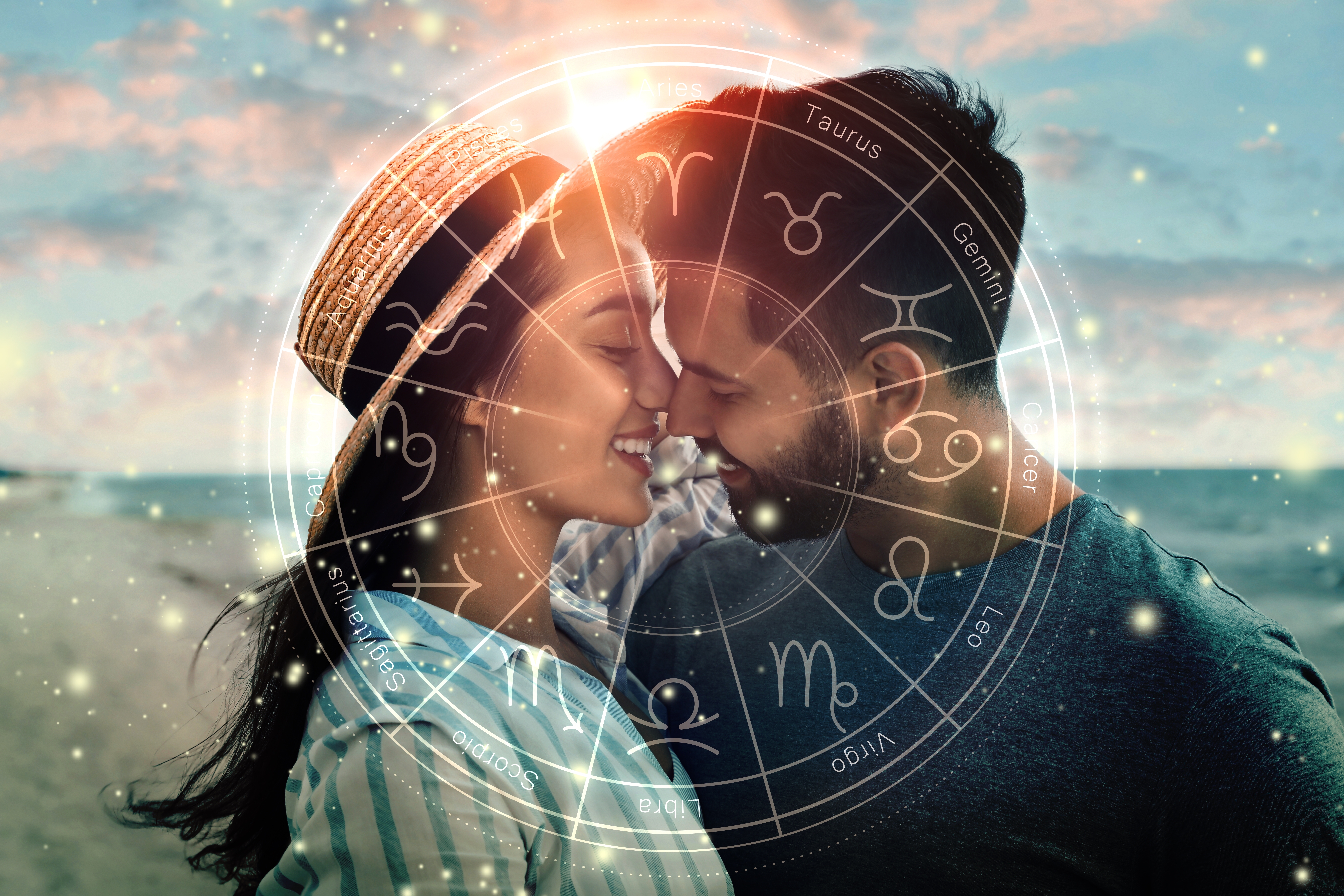 An image of a man and woman about to kiss with an astrology chart