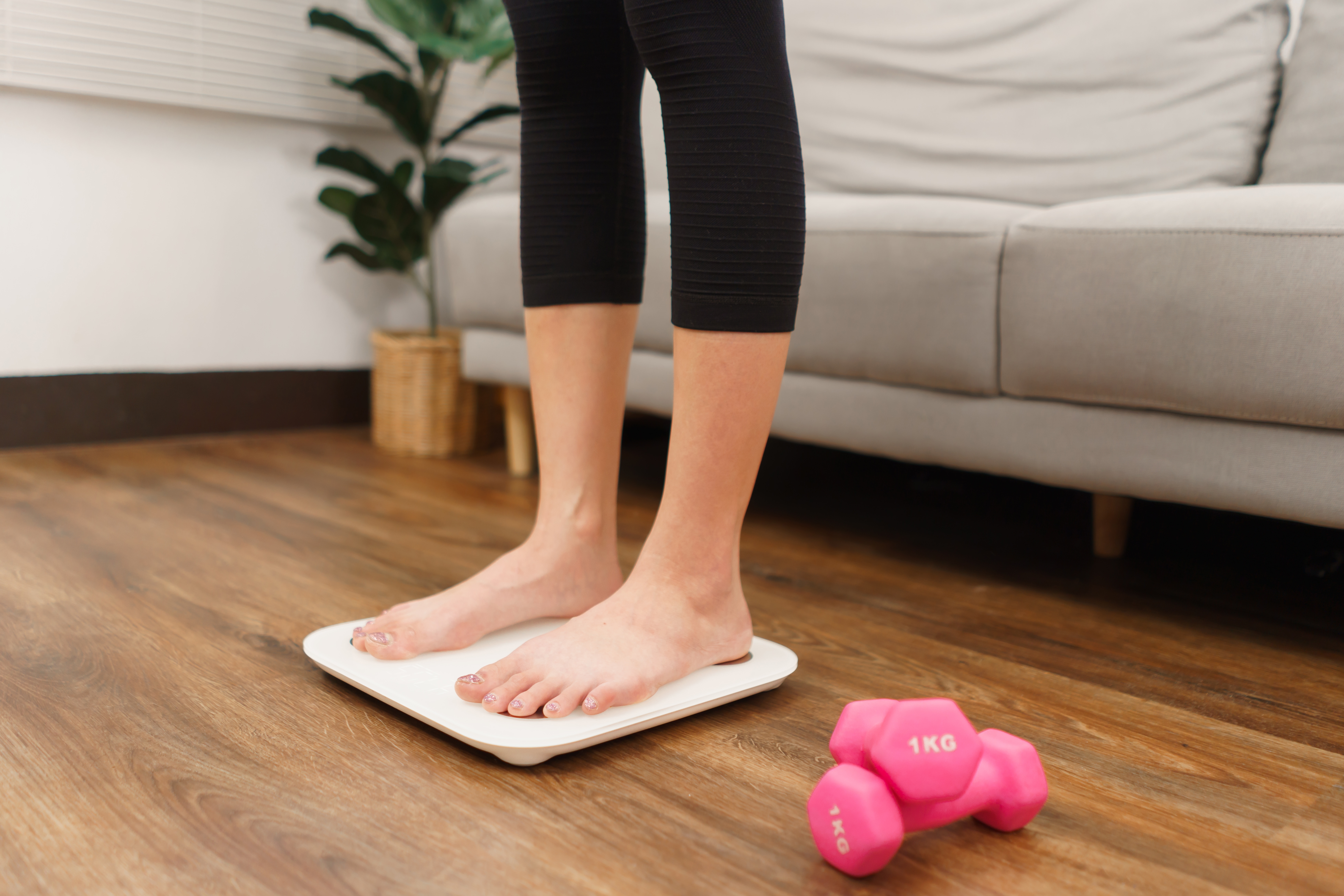 Someone standing on scales with two dumbells next to them