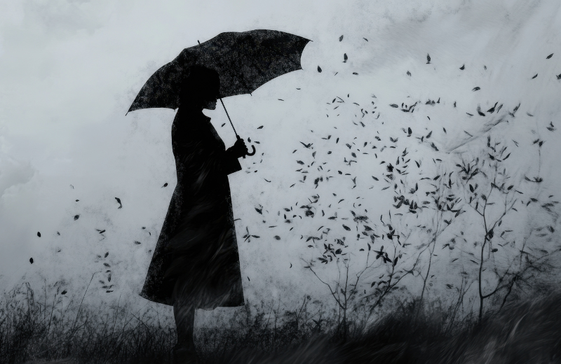 Lady weathering a storm under an umbrella