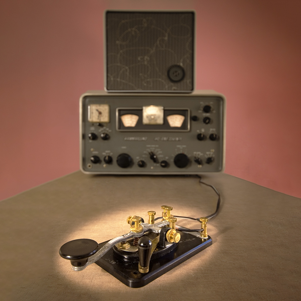 Ham radio with code key in the foreground