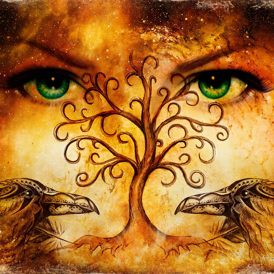 Pair of ravens with the tree of life symbol and green female goddess eyes on the horizon