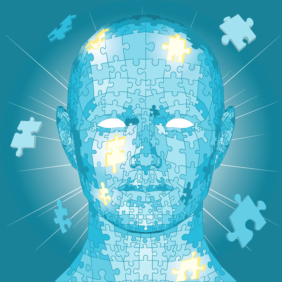 Man's head made of jigsaw pieces