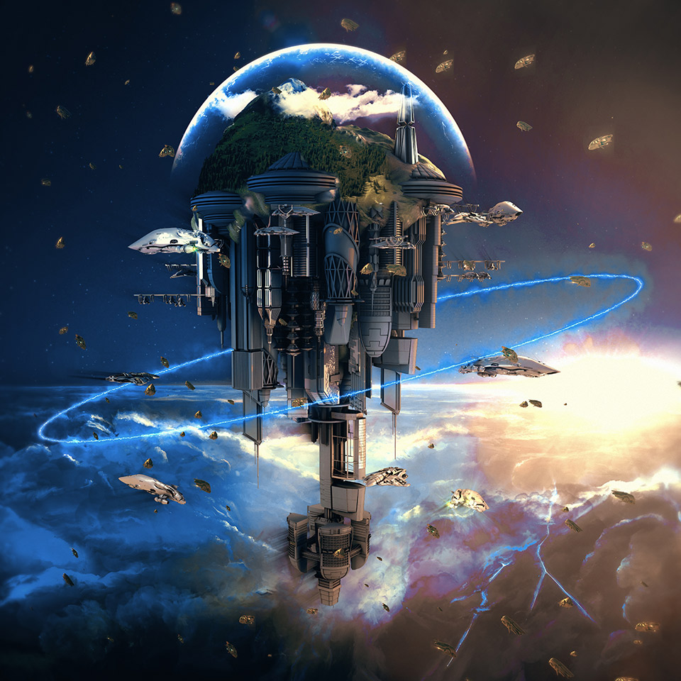 3D illustration of a futuristic city with giant skyscrapers and spaceships