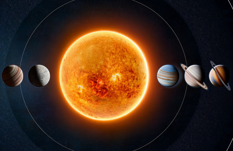 Afbeelding van de zon en andere planeten.
