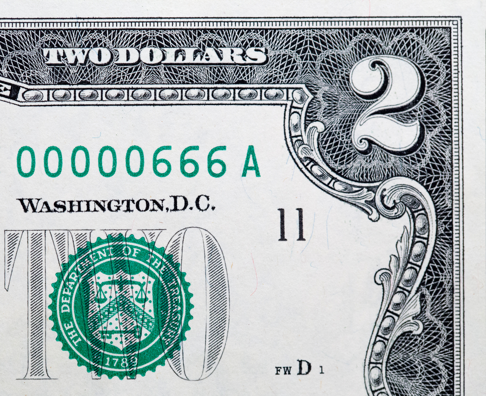 666 shown on an American two dollar note