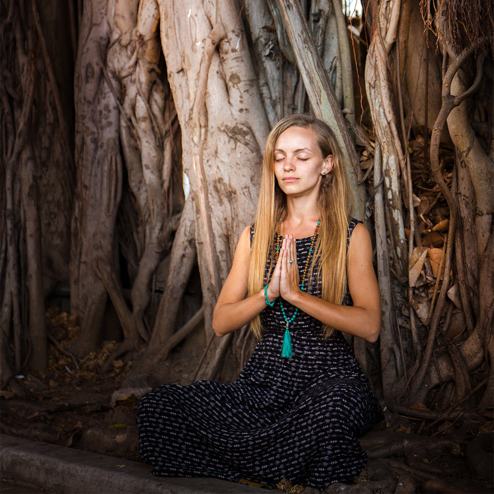 Person meditating under a banyan tree.