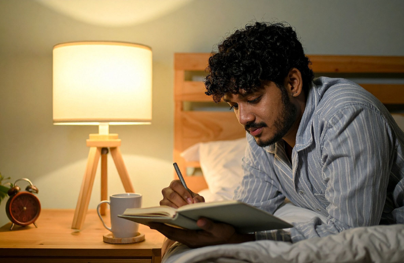 man writing in journal before bed