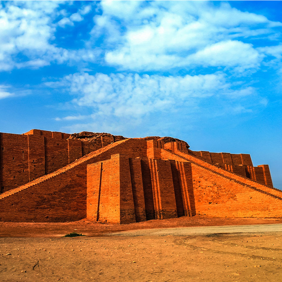 A restored Sumerian temple ziggurat in ancient Ur (Iraq)