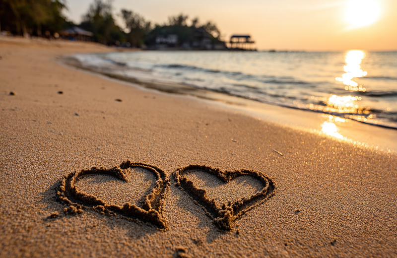 two sand love hearts on beach