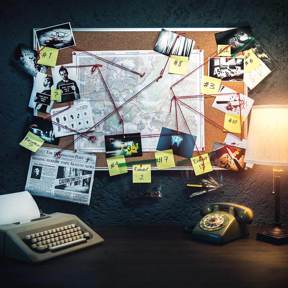 Detective board with evidence, crime scene photos and a map