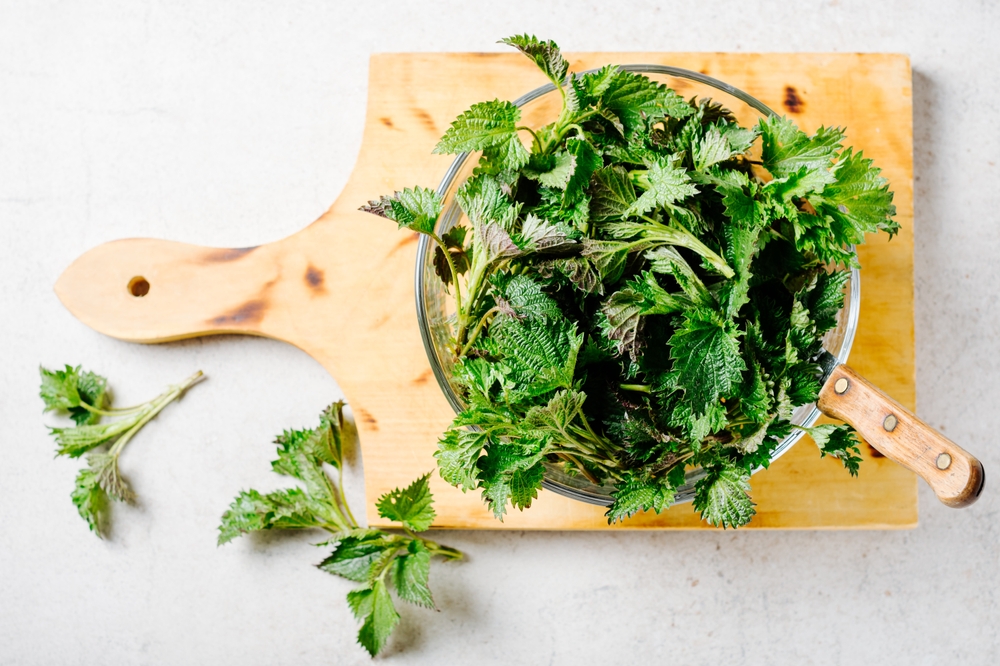 Lots of stinging nettles in a glass bowl on top of a wooden chopping board