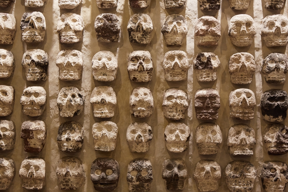 Skulls on a wall in the Templo Mayor Museum, Mexico