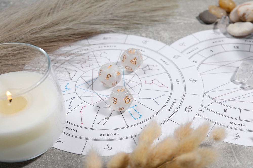 An astrology chart with astrology dice on top, crystals and a lit candle