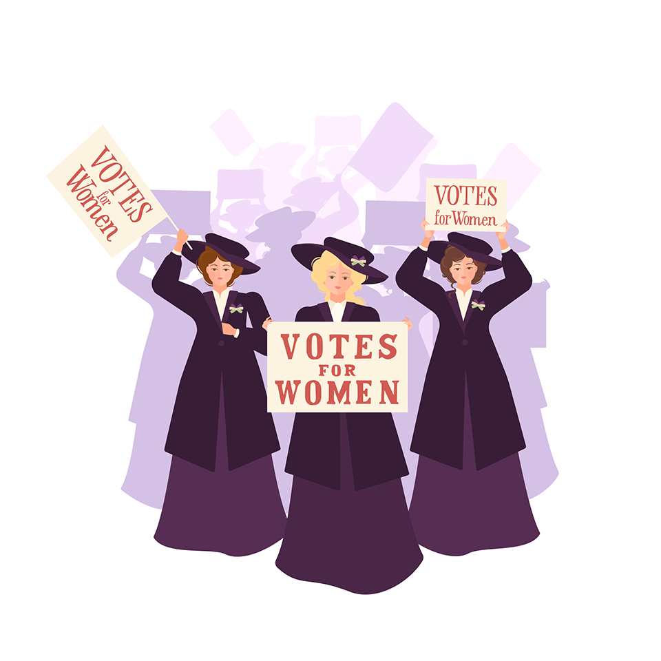 Three suffragettes leading a crowd with a "Votes for Women" poster.