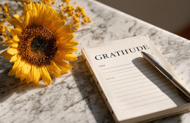 An image of a notebook with 'Gratitude' as a heading