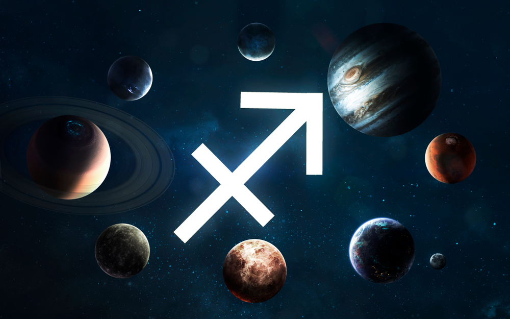 Sagittarius star sign symbol surrounded by planets