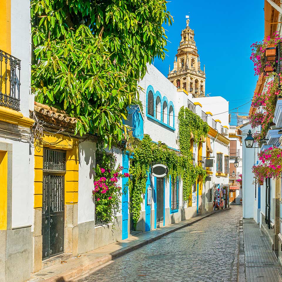 Scenic sight in the picturesque Cordoba jewish quarter with the bell tower of the Mosque Cathedral. Andalusia, Spain.