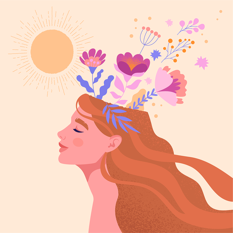 Illustration of a female head with a contended face. The head contains flowers and is orientated to face the sun.