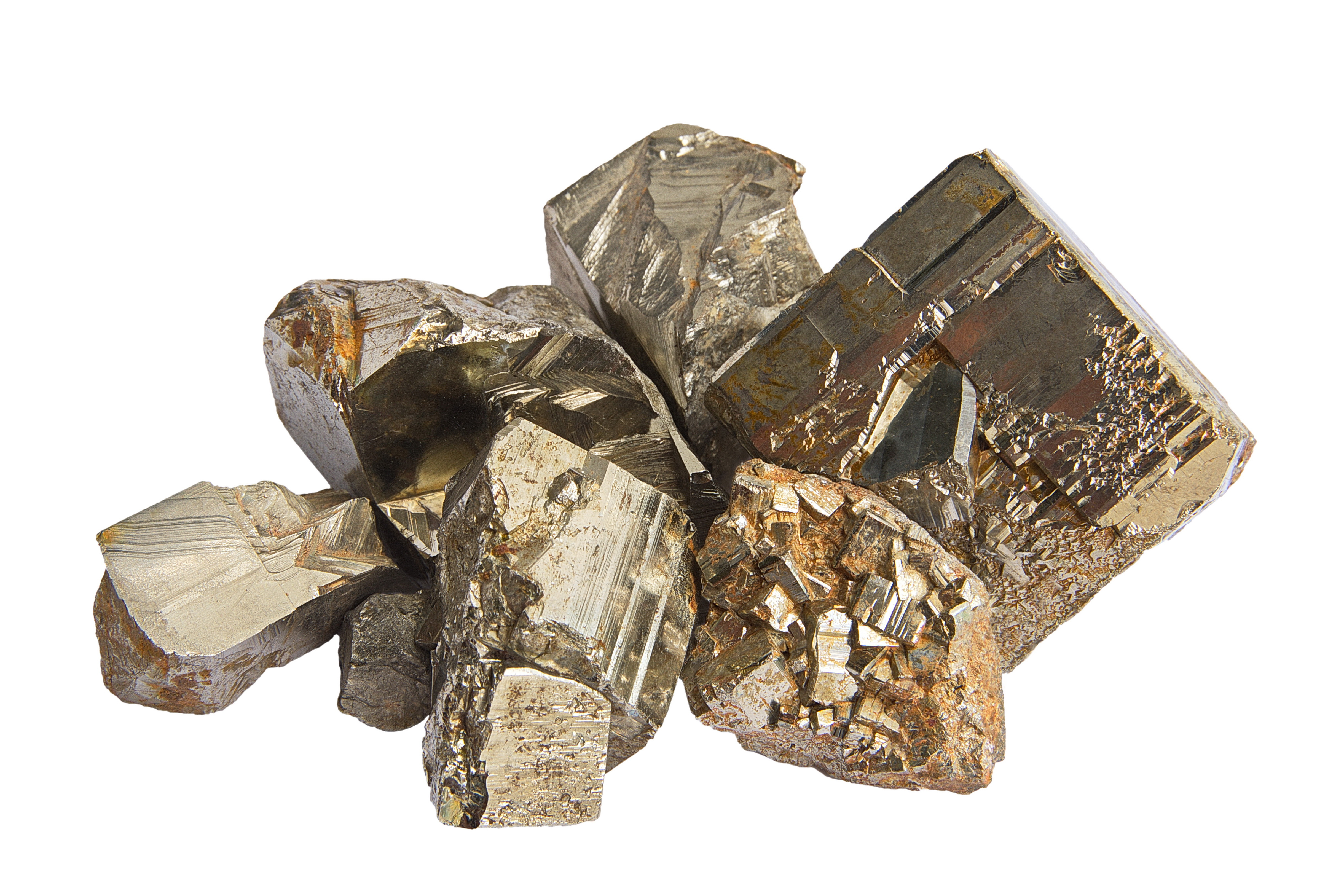 Multiple pieces of Pyrite on a white background