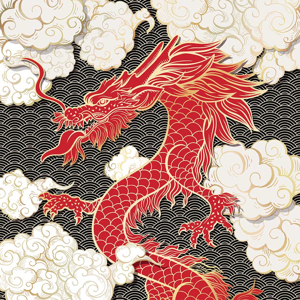 Chinese dragon amongst hand drawn clouds with golden outline.