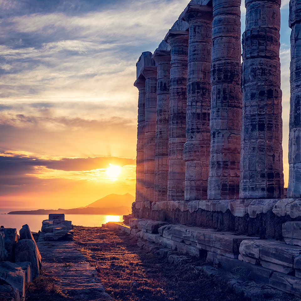 Ruins of an ancient temple of Poseidon, Greek god of the sea, in Cape Sounio, Greece