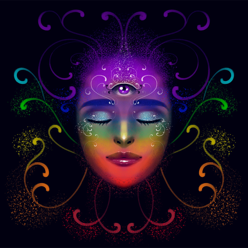 Illustration of a portrait of a girl on a dark background with an opened third eye
