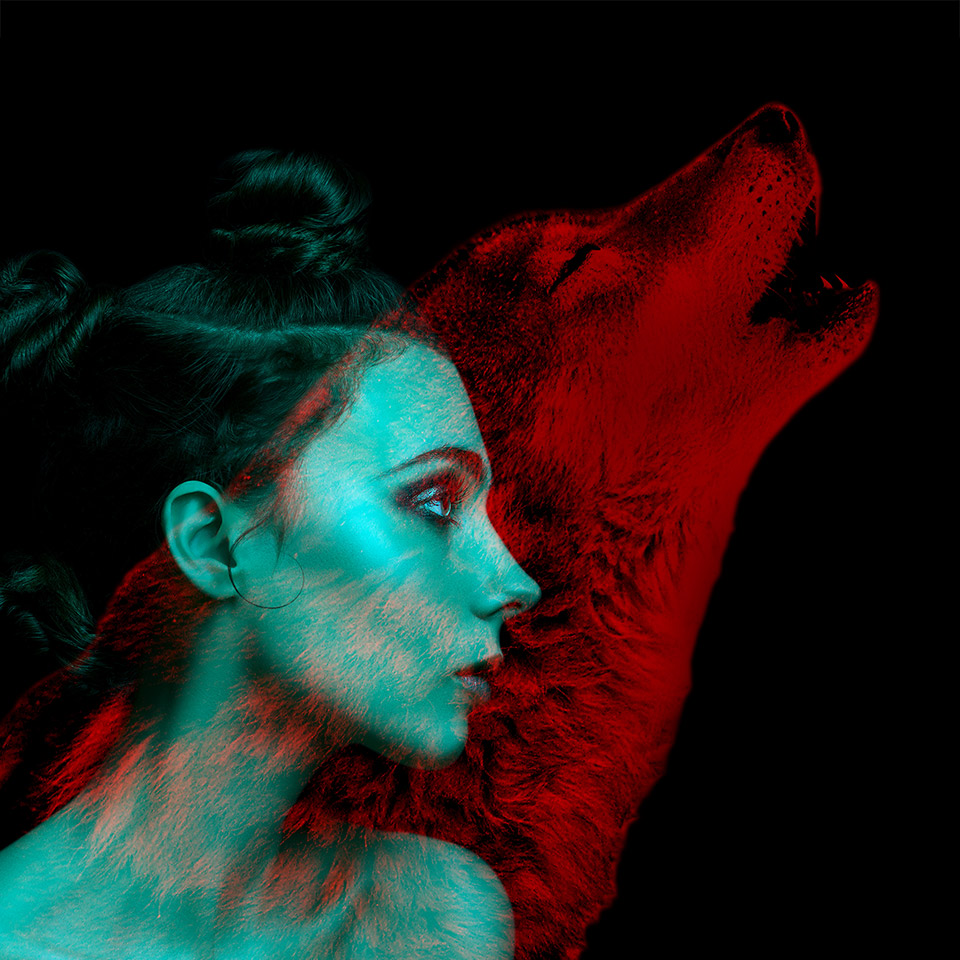 Double exposure of a person and a wolf