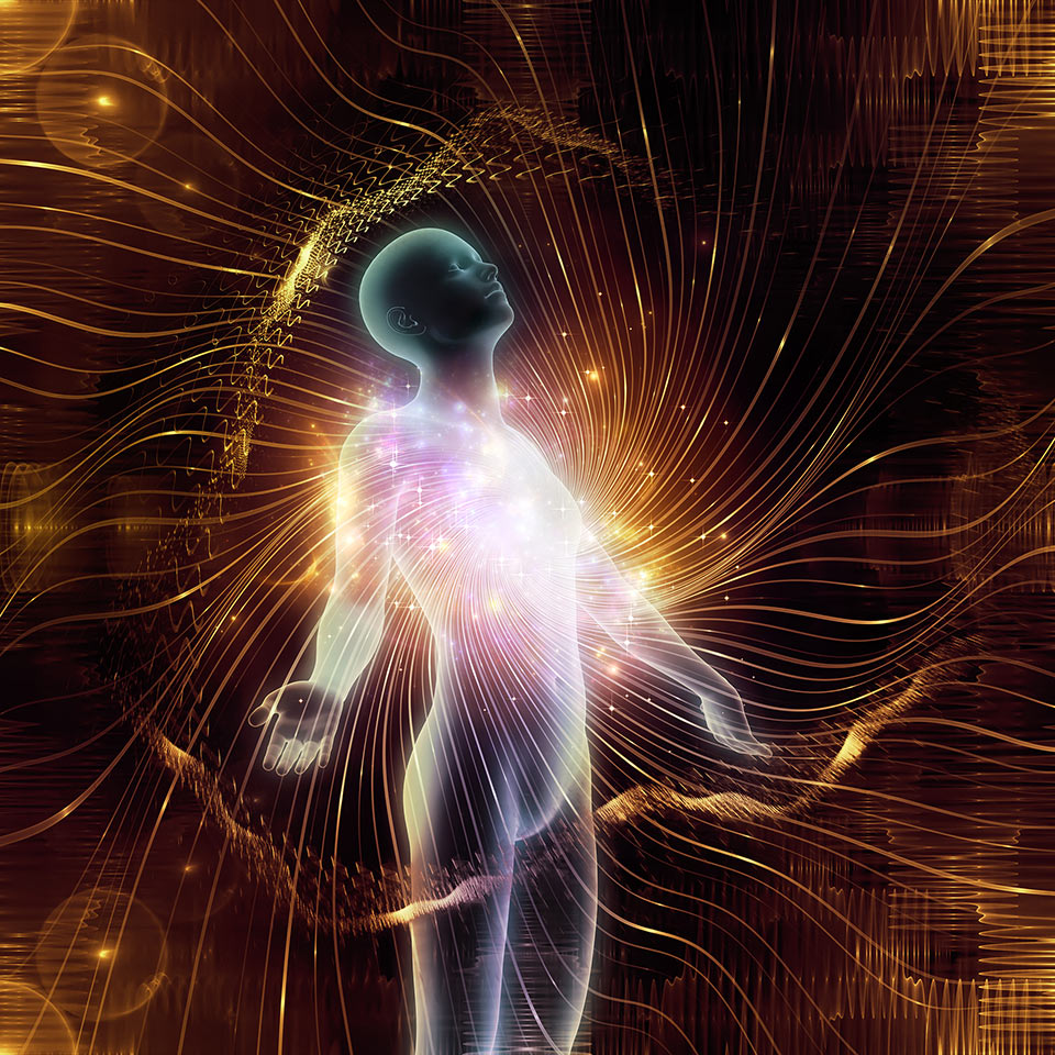 3D rendering of a human figure radiating light and fractal elements