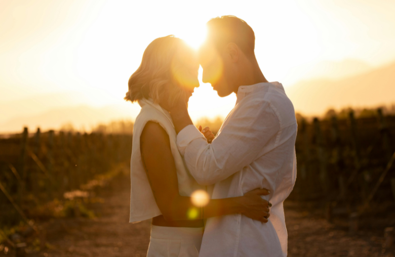 romantic couple at sunset outside