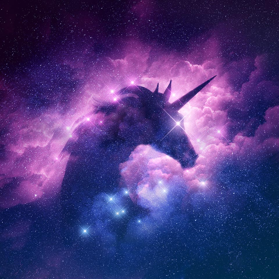 A silhouette of a unicorn in a galaxy nebula cloud.