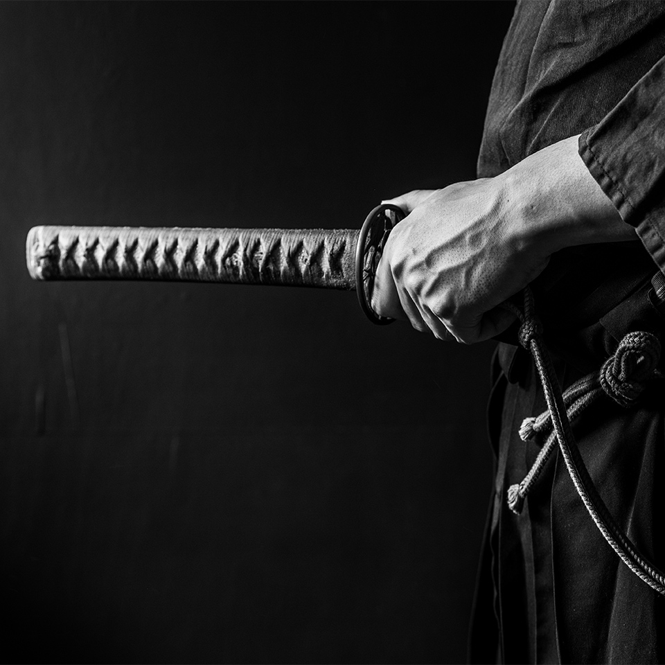 A portrait of a samurai holding a katana