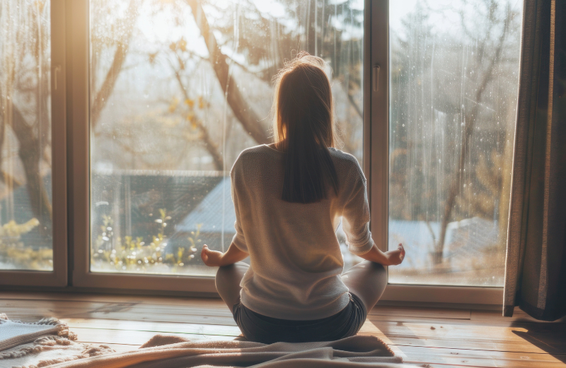 Someone meditating in front of a window.