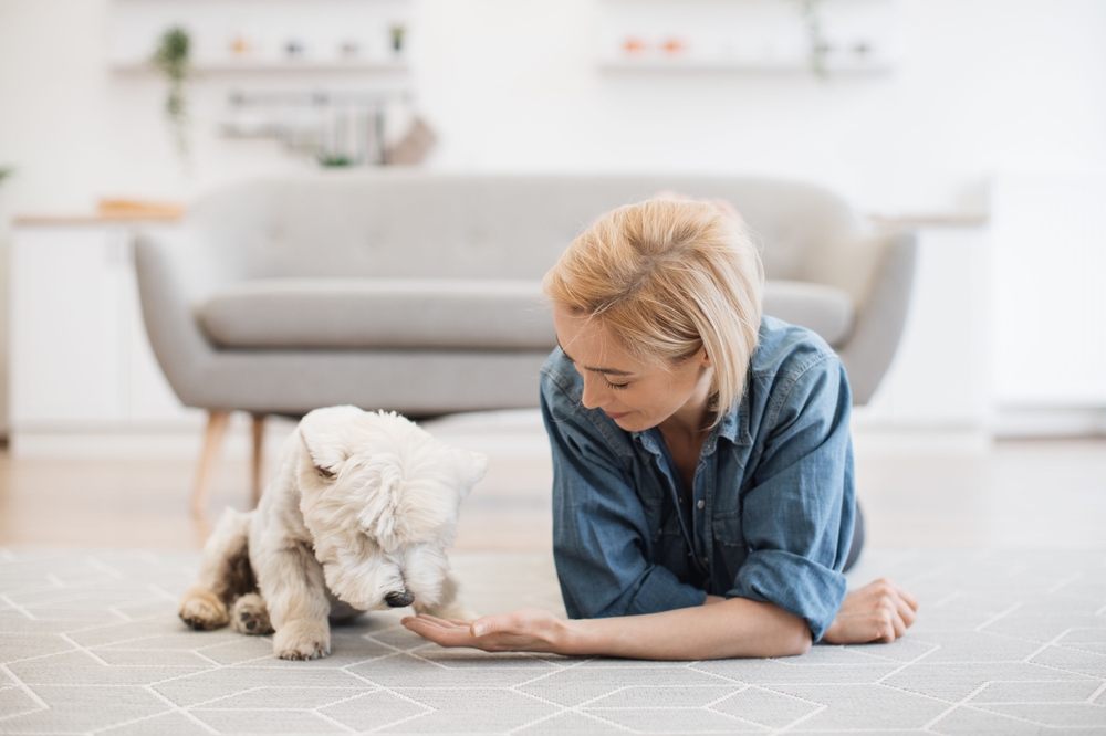 A woman lying on her front on the floor next to a dog