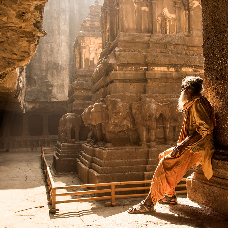 Hindu Sadhu the holy men visiting the Kailasa Temple, Ellora caves