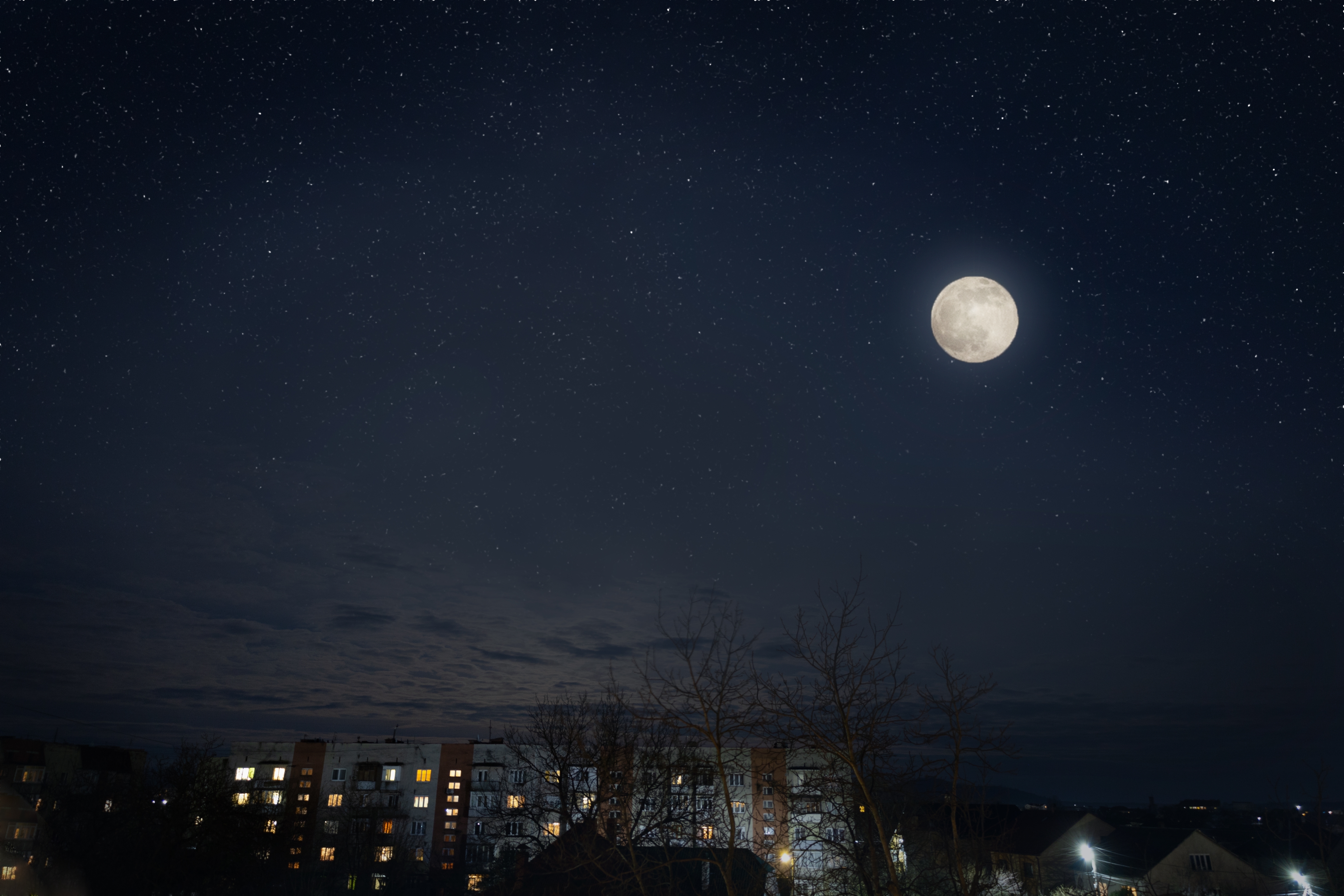 The moon in the night sky over roof tops