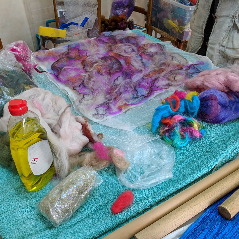 Table of wet felting tools and materials